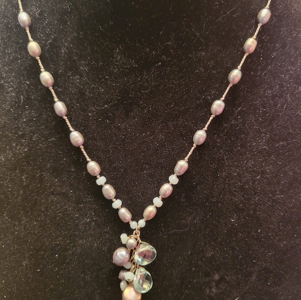 Light blue fresh-water pearl and crystal necklace.
